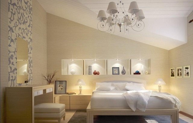 spálňa-podkrovie-béžovo-biele-police-nástenné výklenky