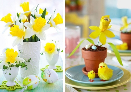 kytica narcis narcisov zdobí myšlienkový stôl na východ žltá kytica narcisov s veľkonočnými nápadmi na zdobenie