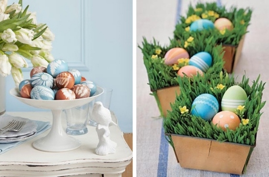 sviatočná úprava-veľkonočné vajíčka maľované veľkonočné trávy slávnostné usporiadanie veľkonočné vajíčka veľkonočná tráva nápad