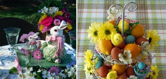 nápady na ozdobu stola-s keramickými figúrkami farebná kytica nápady na zdobenie stola veľkonočné figúrky farebné kytice