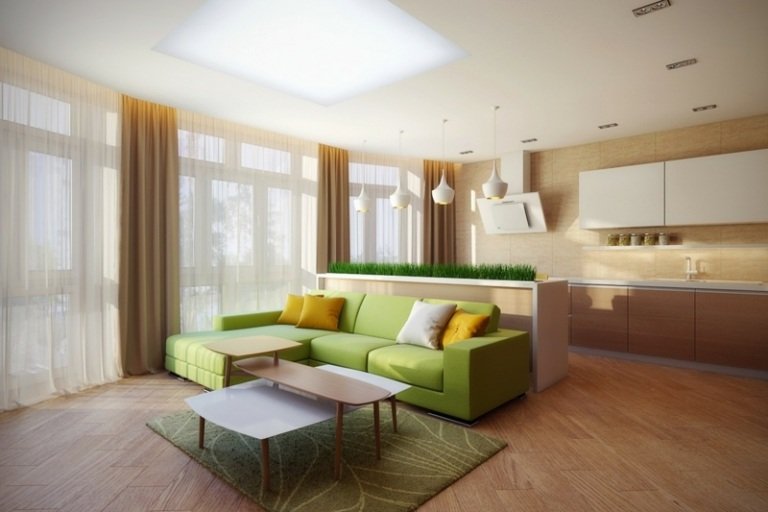 Zelená tráva podčiarkuje sviežosť zelenej pohovky nápady na pohovku zelený koberec kuchyňa otvorená béžová záclona tráva deco