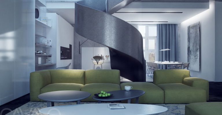 Minimalistický nápad do obývačky so zelenou sedačkou nápady na pohovku zelené točité schodisko kovové sivé príslušenstvo koberca