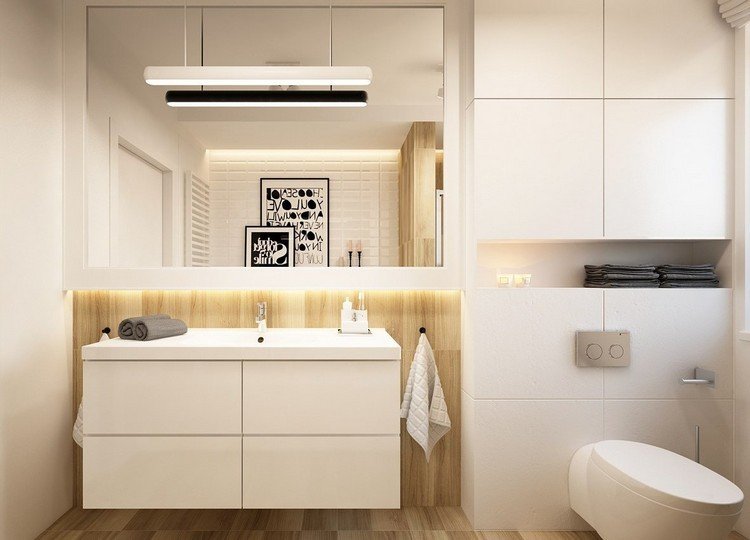 Dlaždice v dreve pôsobia ako pás stena-podlaha-zrkadlo so skrinkou