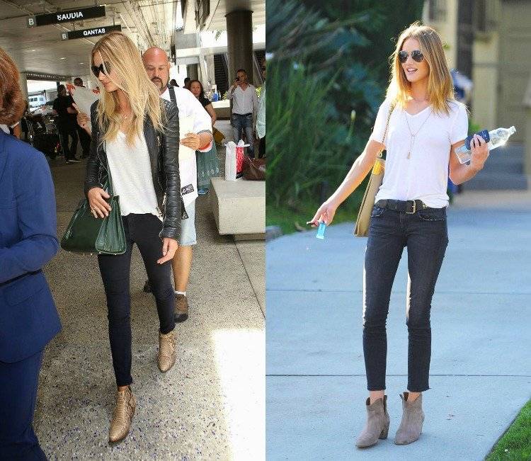 Rosie Huntington -Whiteley - ležérny vzhľad s čiernymi úzkymi džínsami a béžovými členkovými topánkami členkové topánky-outfitt-béžová-taupe-každodenná-móda-rosie-whiteley