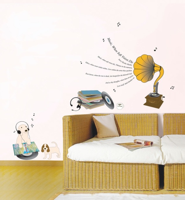 Samolepka na stenu hudba šteniatko pre mládež Hudobné šteniatko zdobiace izbu pre mládež