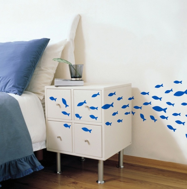 Nočný stolík Ryby, 3D 3D nálepky na stenu Nálepka na stenu nočný stolík s rybami, biela farba na stenu