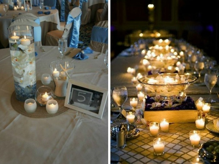 Ozdobte stredobod stola na svadbe sviečkami Voda-sviečka-stôl-dekorácia-s-čajovými svetlami-dymové sviečky