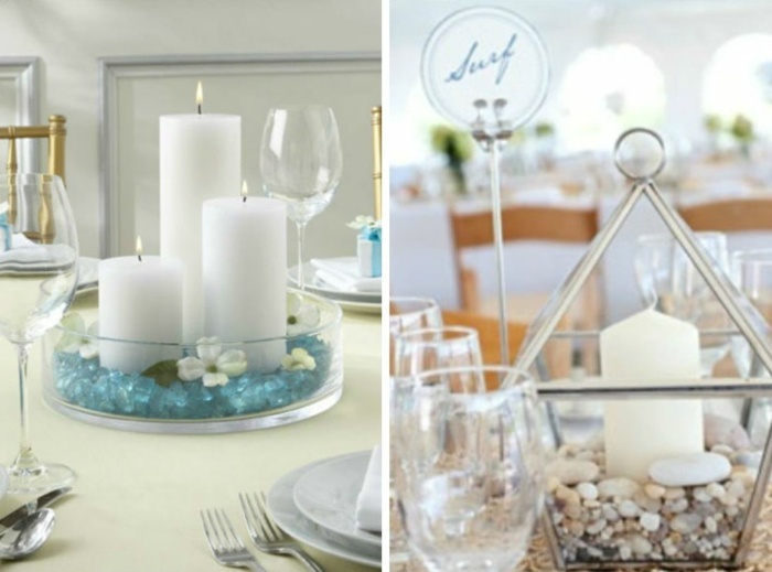 Biele zúžené sviečky, poháre na víno, ozdobné kamene ako stredobod na stole Kužeľové sviečky s ozdobnými kamienkami a sklom