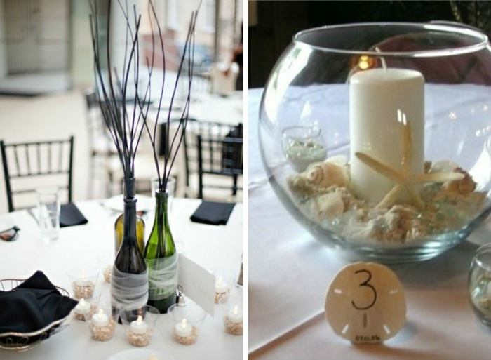 tyčinky zo sušených rastlín vo fľašiach ako svadobný dekor Fľaše-s-rastlinnými tyčinkami-sklenený-krk-s-palicou-sviečkou-a-ozdobným pieskom