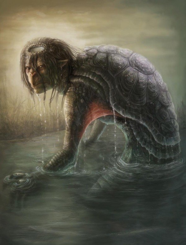 Obojživelná korytnačka-Kappa japonského jazyka-Folklórne halloweenske nápady-Večierkové kostýmy Tvor obojživelnej korytnačky-Kappa japonských folklórnych halloweenskych kostýmov