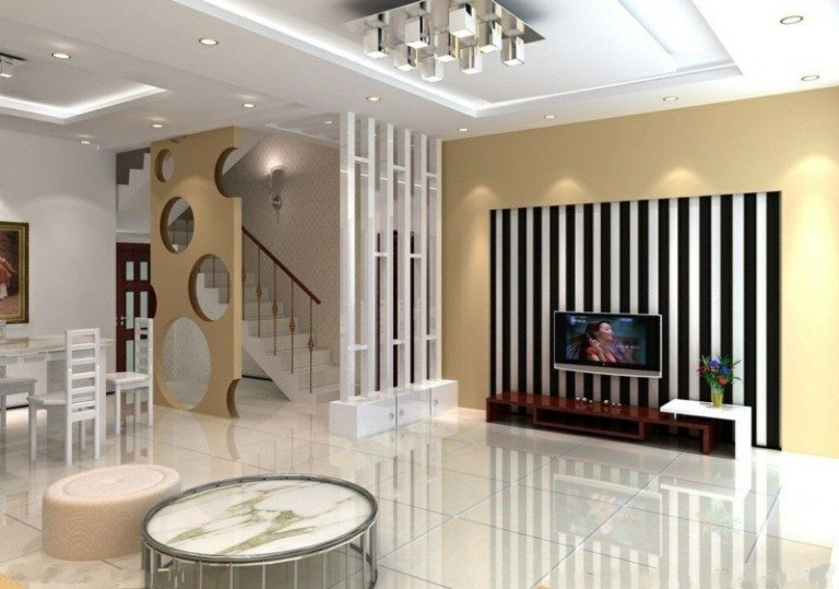 nápady na oddeľovače miestností drevené pásy biele schody nízka doska obývačka