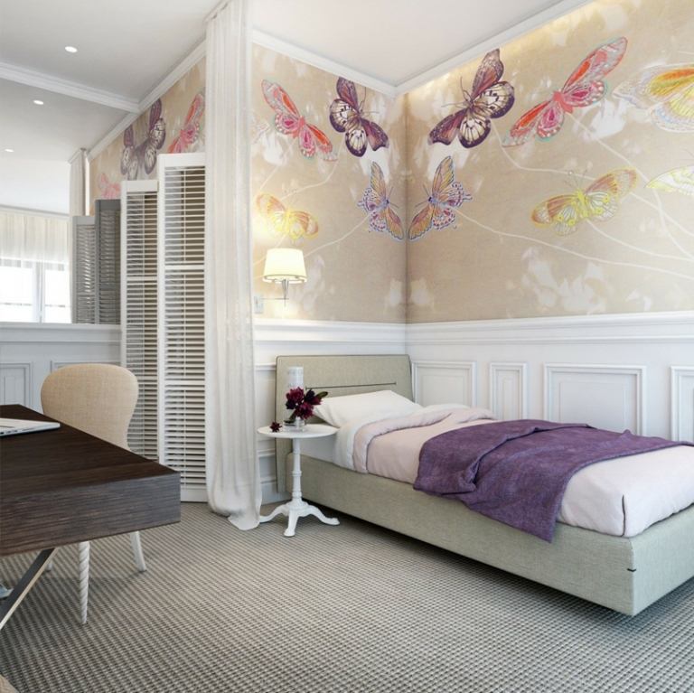 Návrh detskej izby s motýľmi v romantických farbách Dizajn detskej izby s farebnými romantickými obtisky na stenu motýľov purpurovo ružovo sivej