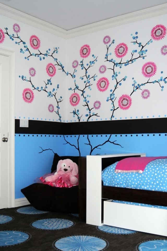 Dizajn detskej izby farebné steny šablóny kvety pobočky dievčenská izba Detská izba-dizajn-farba-šablóna-kvety-konáre-dievčenská izba