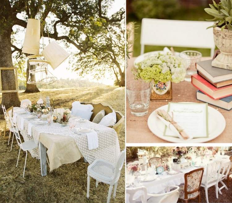 malá recepcia pod holým nebom - dekorácie stola vo vintage štýle kreatívne svadobné nápady dekorácia v štýle vintage zadarmo