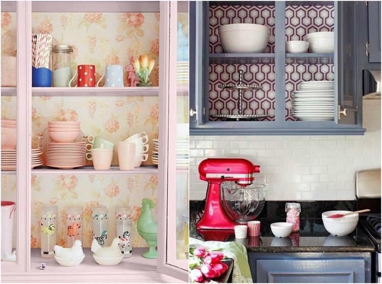Skrášlite kuchynské skrinky kúskami tapiet Nápady na zvyšky tapiet urob si sám-kuchyňa-skriňa-chrbát