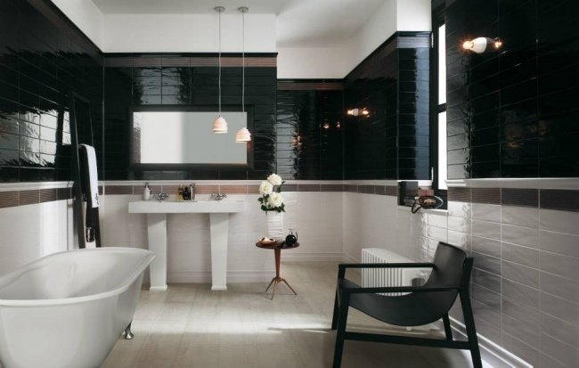 kúpeľňa čierna biela vysoký lesk dlažba fap ceramiche vaňa kúpeľňa čierna biela dlažba fap ceramiche voľne stojaca vaňa