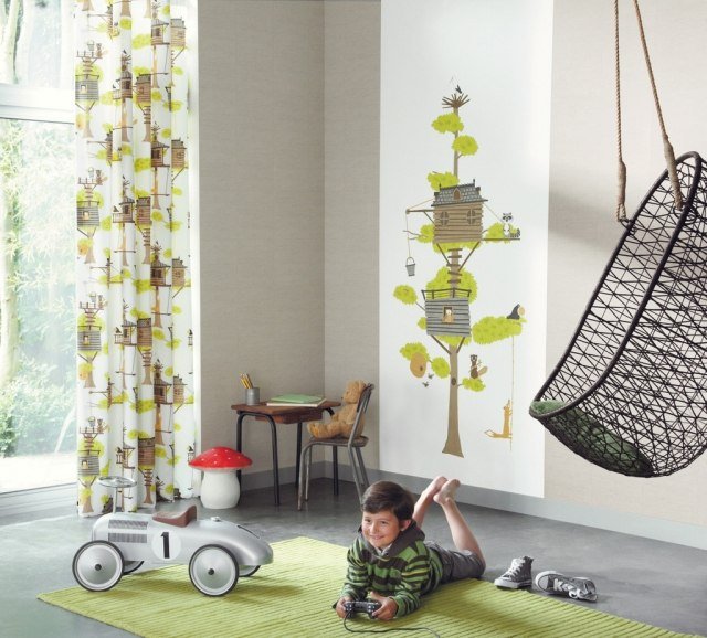 detská izba-látka-závesy-motívy-nástenka-nálepka-závesná stolička-koberec