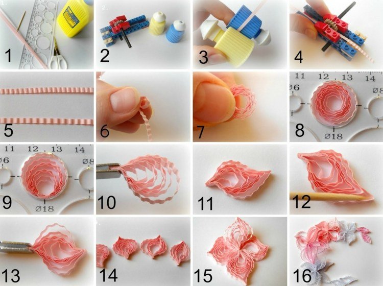 remeselné nápady s papierovými pokynmi kvetinové vlnité pruhy ružové