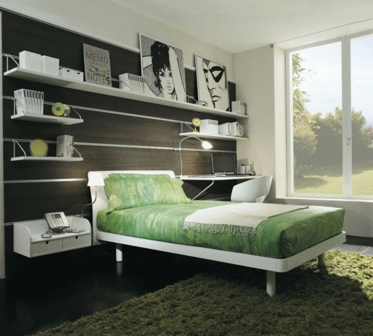 Unisex posteľ v bielej farbe v modernej miestnosti pre mládež unisex detské postele drevené obloženie stena posteľná bielizeň zelená minimalistická