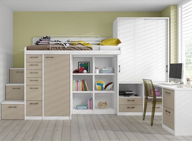 Poschodová posteľ Limba s úložným priestorom béžová skriňa Poschodová posteľ s úložnou béžovou skriňou z dreva Limba