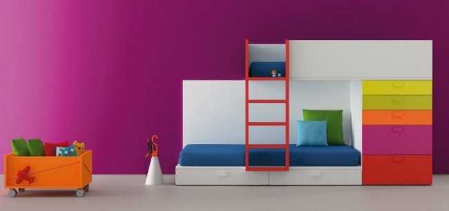 Poschodová posteľ moderný dizajn skriňa úložný priestor-ružová stena-svetlé farby-dieťa 06-bm 2000 Poschodová posteľ moderný dizajn úložný priestor do skrine-ružový dizajn steny 06-bm 2000