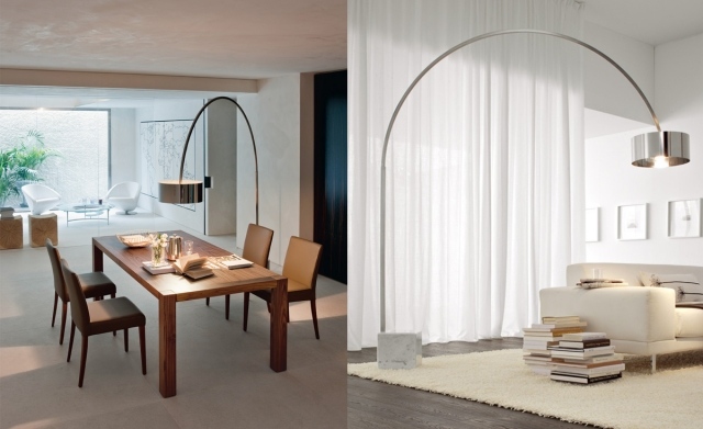 Kovová stojacia lampa so vstavaným tienidlom s okrúhlym dizajnom v obývacej izbe s jedálňou Kovová podlahová lampa, podstavec, tienidlo, svetelné zdroje, obývačka, jedáleň