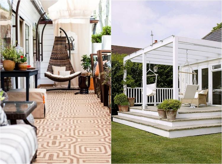 Ratanové kreslo s rámom a závesné kreslo v bielej farbe Terasový dizajn-ratanové-biele-závesné stoličky