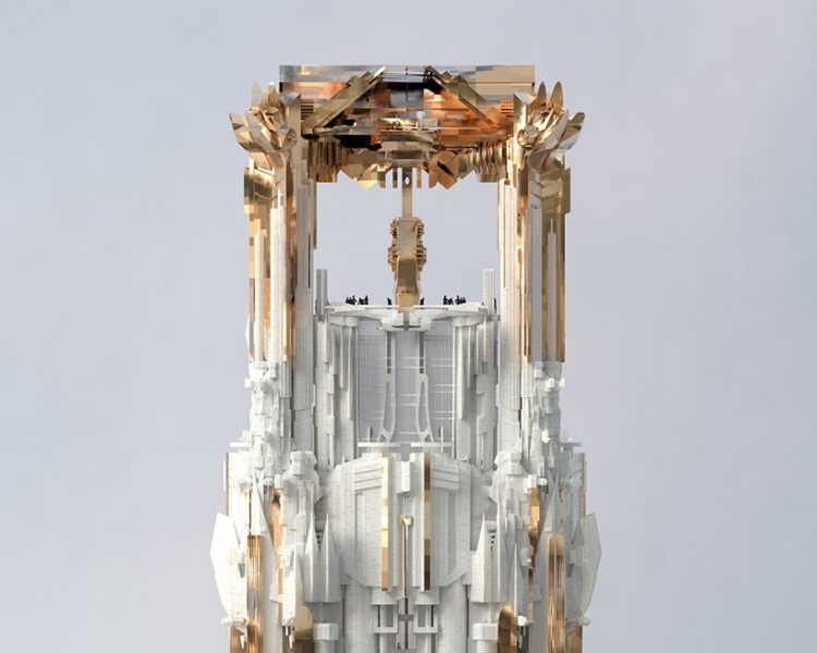 sochárske prvky z mosadze a vápna 3d-vizualizácia-koncept-mrakodrap-strecha-terasa-veža-akcenty-zlaté krídla