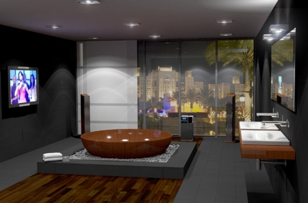 drevená vaňa štrková posteľ bagnosasso moderná čierna kúpeľňa