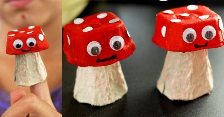 Návody na výrobu-jeseň-deti-drobet-huby-kartón na vajíčka-červené bodky-krútiť očami
