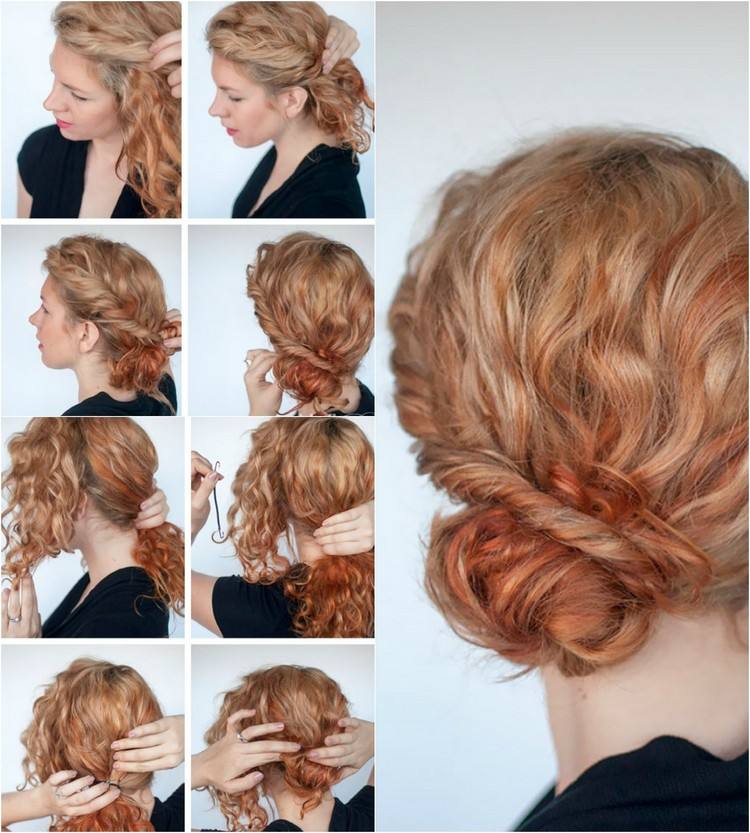 Otočte bočnú časť a prišpendlite ju v zadnej časti chignonu Účesy urobte si sami pre prírodné kučery-chignon-side party-twirled