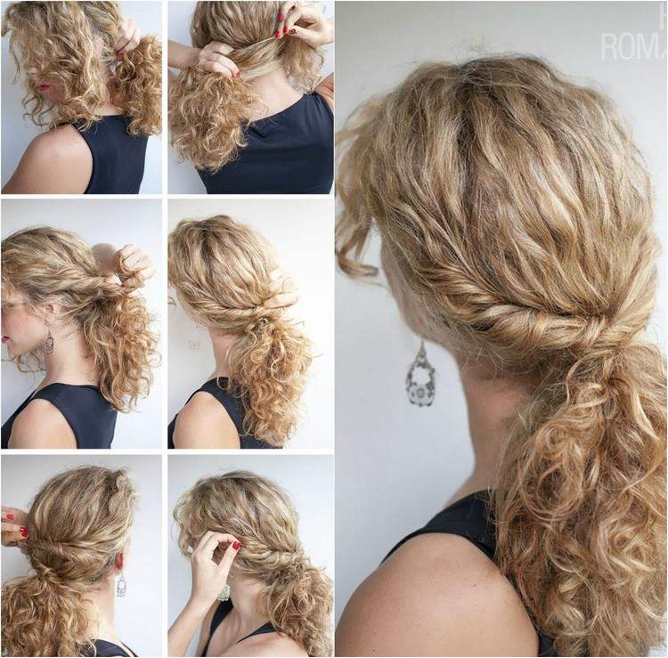 Viazajte chvost, zatočte bočné strany a pripnite účesy-prírodné-kučery-urob si sám-každý deň-rýchly-chvost-stredne dlhý