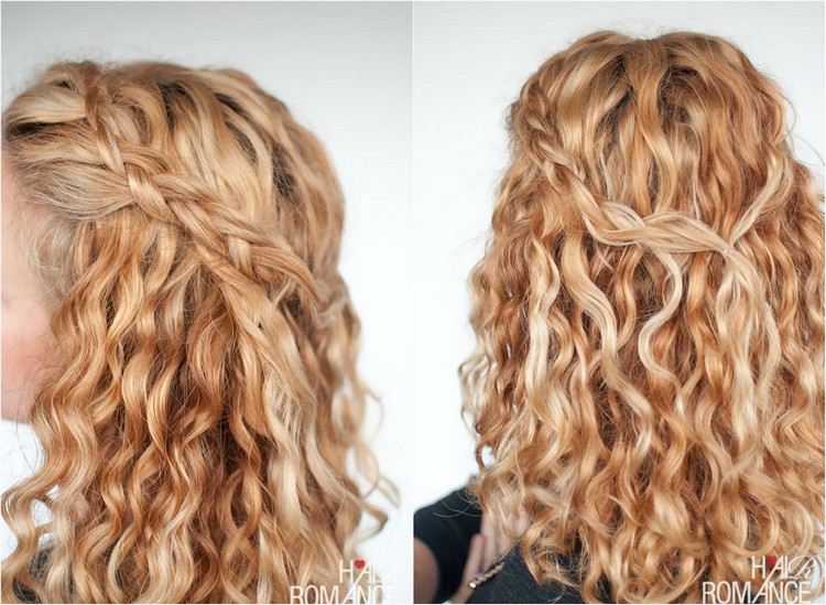 Vodopádový pletený účes pre stredne dlhé otvorené kučeravé vlasy cop-účesy-prírodné-kučery-urob si sám-stredne dlhé vlasy-polootvorené-nabok