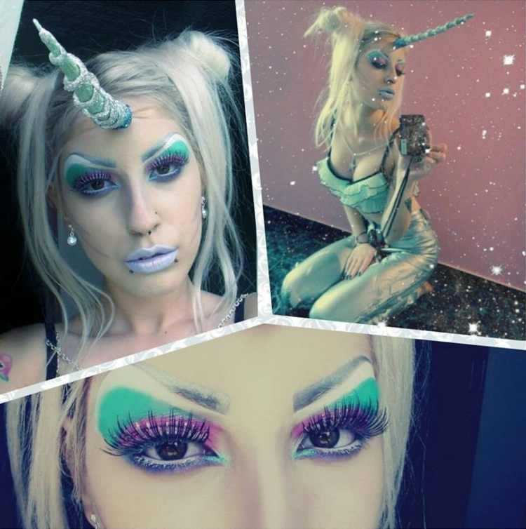 Kostým jednorožca s rohom a v zelených odtieňoch nápady na kostýmy halloween nápad na nápad jednorožca doplniť rohové modré nuansy