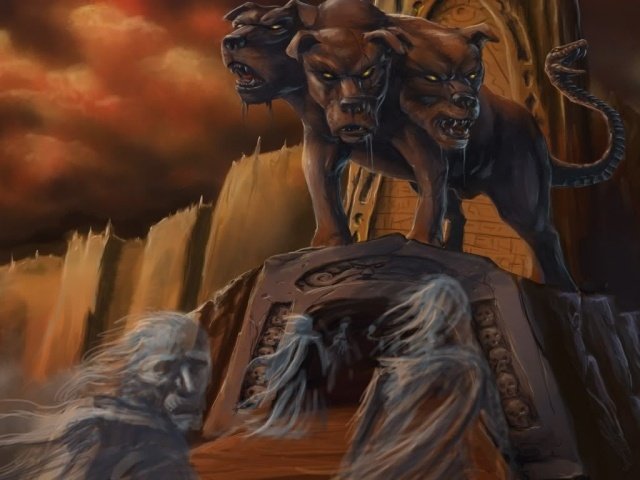 kerberus pekelný pes tri hlavy strážiace vchod do podsvetia Kerberus pekelný pes tri hlavy vstup do podsvetia