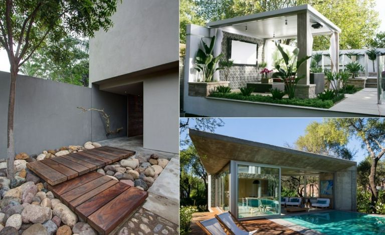 Krásne stavby z betónu v záhrade - steny, pergola a dom pri bazéne