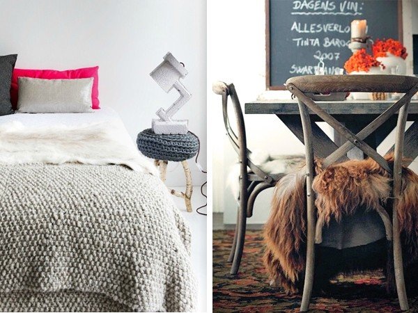 Perina vyrobená z kožušinovo-bielych rustikálnych-jedálenských stoličiek-kožušinovo-hnedého poťahu sedadla