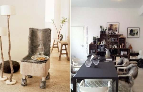 Rustikálny nábytok do jedálne ponúka kožušinové prikrývky