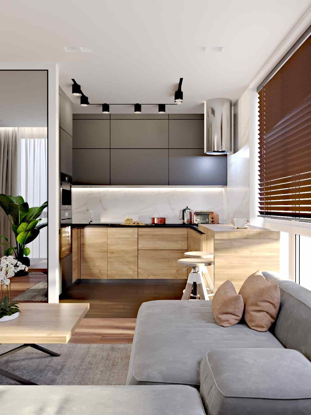 Kuchynský dub moderný s pultovými sivými nástennými jednotkami matnou a bielou zadnou stenou