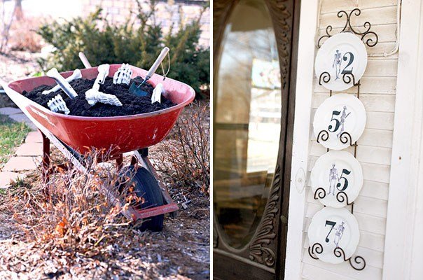 záhradné dekorácie halloween tanier číslo domu fúrik kostra