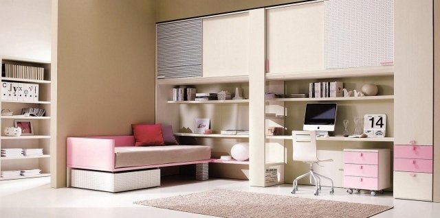 nápady na dizajn moderná dospievajúca izba vstavaná skriňa, posteľ, úložné priestory