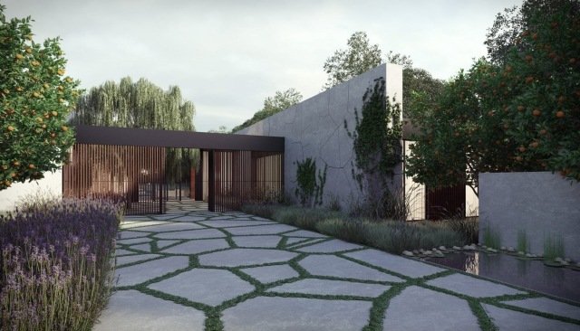 predný dvor-príjazdová cesta-asymetrické-vlajkové kamene-tráva-medzi