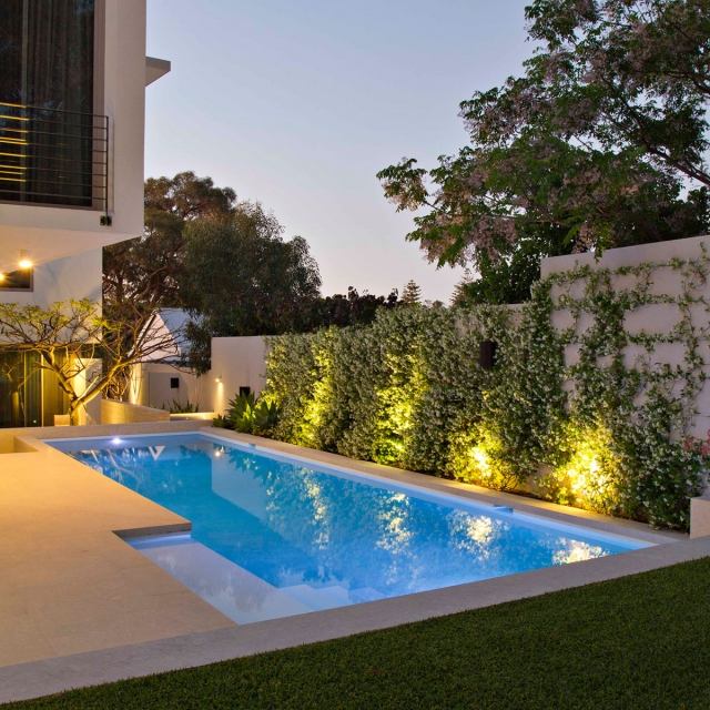 dvor a záhrada-dizajn-bazén-plocha-podlaha-svetlá-popínavé rastliny-stena