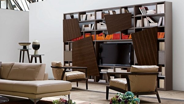 Drevené knižné regály nápady do obývačky