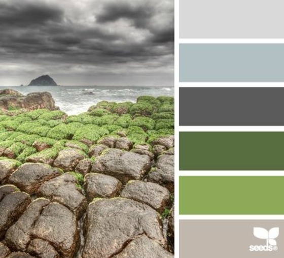 Oblaky čerpajú inšpiráciu z prírodných farieb stien zeleno-šedo-modrá farebná paleta