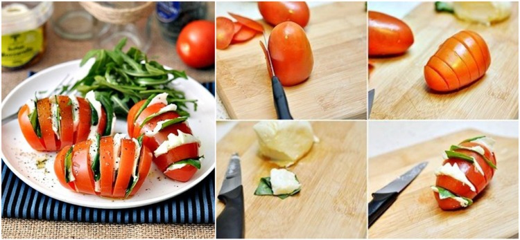 Podávajte paradajkový mozzarellový šalát Hasselback