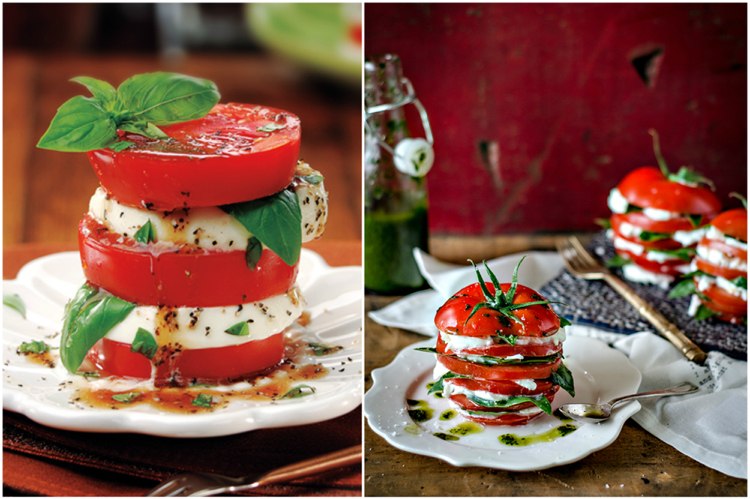 Stohovanie paradajkovej mozzarellovej šalátovej veže na seba