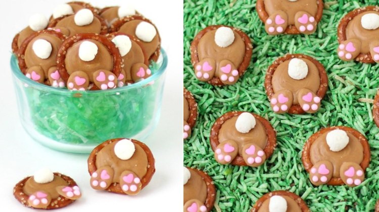 Vyrobte si veľkonočného zajačika zo sladkostí - dna zajačika s praclíkmi, marshmallow a couverture