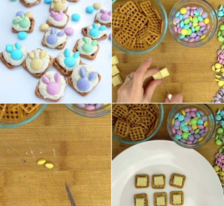 Navrhnite zajačikov so sladkosťami na bielej čokoláde a hranatých praclíkoch