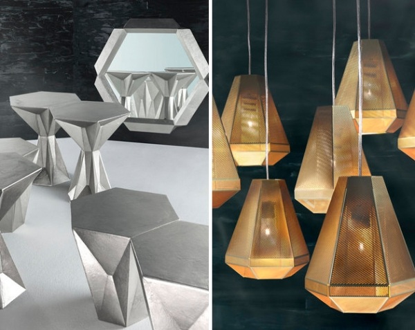 Závesné svetlá a taburetky navrhujú geometrické tvary Tom Dixon 2013 svetelný dizajn Tom Dixon 2013 geometrické tvary